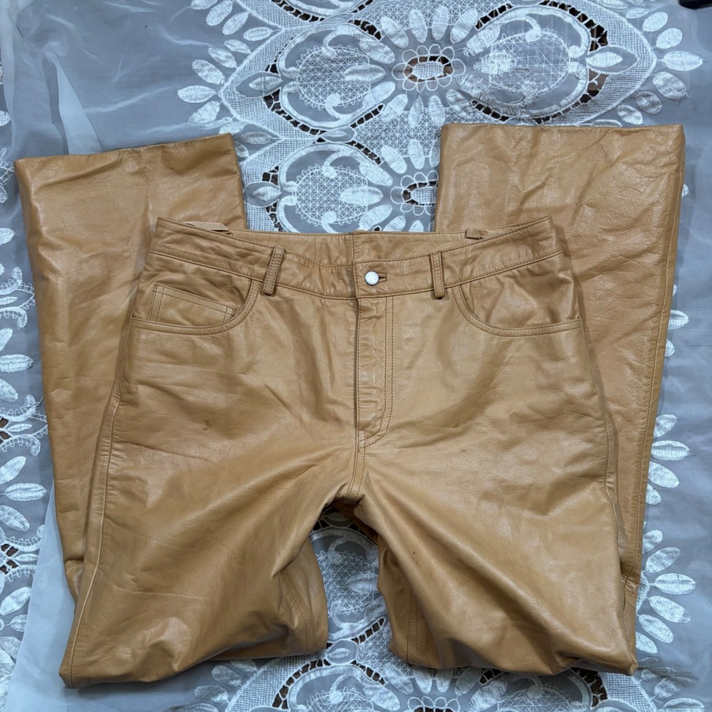 Y2K Boho Fall Express Tan Genuine Leather Straight Leg Pants Size 9/10 Vintage